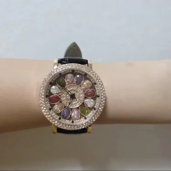 Luxury Rotating Petal Flower Dial Diamond Crystal Watch - Picture 14 of 14